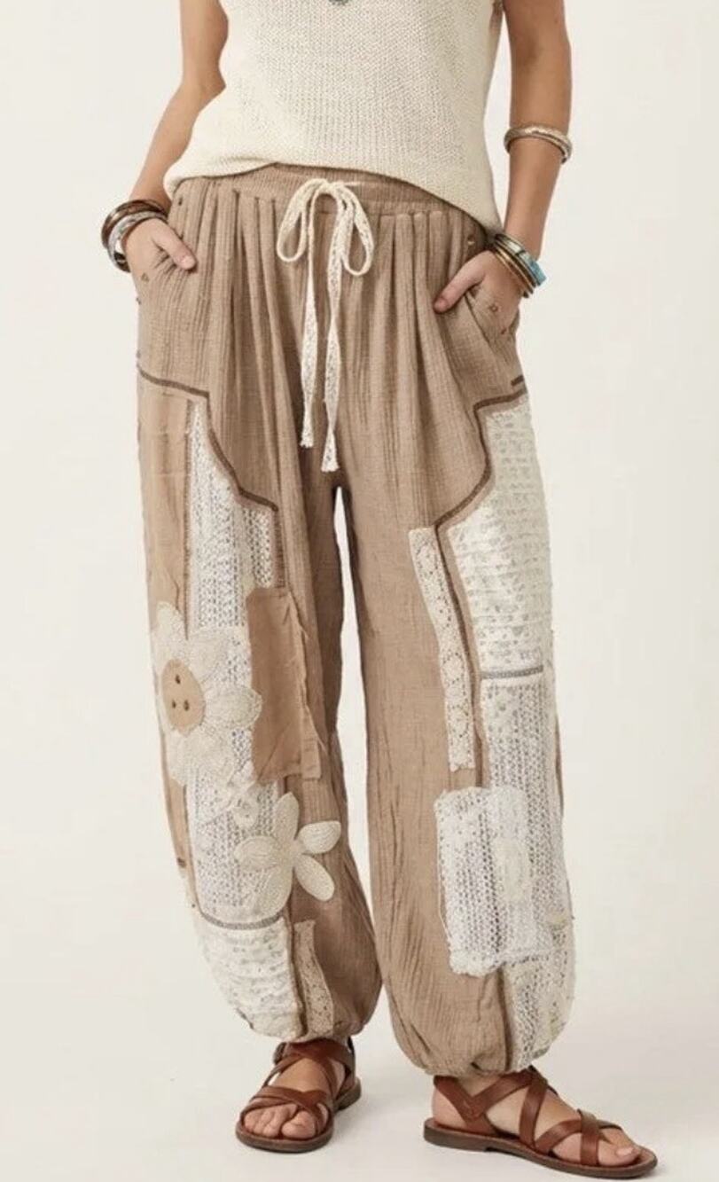 POL Patchwork Lace Harem Jogger Pants Women's Small Brown White Drawstring